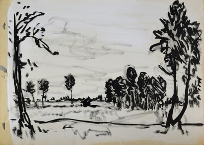 Konrad Sommer, Dachauer Moos,  1959,  Tusche, Rohrfeder auf Papier, 29,7 x 42,0 cm, bez. Rs.: Dachauer Moos 